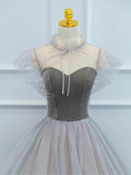 Lovely Velvet and Tulle Floor Length Prom Dress, Gray A-Line Formal Evening Dress HZ0429