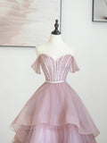 Pink Tulle Sequins Long Prom Dress, Off Shoulder Evening Dress HZ0429