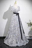 Silver Sequins Long Prom Dress, V-Neck Bow Sash Short Sleeve Backless Party Dress HZ0429
