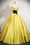 Yellow Satin and Black Lace Long Prom Dress, A-Line Off the Shoulder Party Dress HZ0429