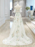 With Floral Lace Floor Length Prom Dress, Beautiful Off the Shoulder A-Line Evening Party Dress HZ0429