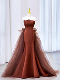 Mermaid Satin Tulle Long Prom Dress, Brown Strapless Evening Party Dress HZ0429