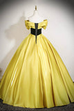 Yellow Satin and Black Lace Long Prom Dress, A-Line Off the Shoulder Party Dress HZ0429