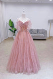 Pink Tulle Sequins Long Prom Dress, Cute A-Line Evening Dress HZ0429