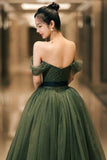 Beautiful Green Tulle Long Prom Dress, A-Line Off the Shoulder Graduation Dress HZ0429