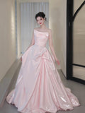 Pink Satin Long Prom Dress, Beautiful A-Line Strapless Evening Party Dress HZ0429