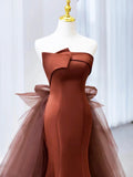 Mermaid Satin Tulle Long Prom Dress, Brown Strapless Evening Party Dress HZ0429