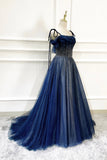 Blue Long Tulle Beaded Prom Dress, Blue Evening Party Dress HZ0429