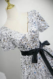 Silver Sequins Long Prom Dress, V-Neck Bow Sash Short Sleeve Backless Party Dress HZ0429