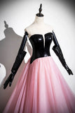 Black and Pink Tulle Long Prom Dress, Unique Strapless Evening Dress with Corset HZ0429