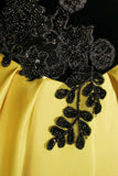 Yellow Satin and Black Lace Long Prom Dress, A-Line Off the Shoulder Party Dress HZ0429