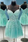 A-Line Tulle Lace Short Prom Dress, Cute Spaghetti Strap Party Dress HZ0429