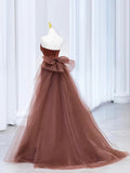 Mermaid Satin Tulle Long Prom Dress, Brown Strapless Evening Party Dress HZ0429