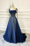 Blue Long Tulle Beaded Prom Dress, Blue Evening Party Dress HZ0429