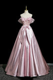 Pink Satin Lace Long Prom Dress, Beautiful A-Line Evening Party Dress HZ0429