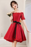Red Satin Lace Short Prom Dresses, A-Line Evening Party Dresses HZ0429