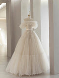 Light Champagne Tulle Lace Floor Length Prom Dress, Beautiful A-Line Evening Party Dress HZ0429