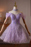 Lavender Off the Shoulder Short Homecoming Dress with Beaded Bodice HZ0429