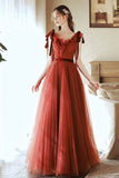 A-Line Tulle Long Prom Dress, V-Neck Evening Party Dress HZ0429