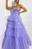 Purple Strapless Layers Tulle Long Prom Dress, A-Line Evening Dress HZ0429