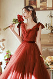A-Line Tulle Long Prom Dress, V-Neck Evening Party Dress HZ0429