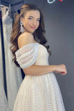 Champagne Tulle Short Prom Dress, A-Line Off the Shoulder Party Dress HZ0429