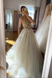 Champagne Spaghetti Strap Lace Long Prom Dresses, A-Line Evening Dress HZ0429