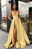 Yellow V-Neck Satin Long Prom Dress, Simple A-Line Evening Dress HZ0429