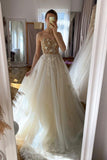Champagne Spaghetti Strap Lace Long Prom Dresses, A-Line Evening Dress HZ0429