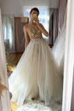 Champagne Spaghetti Strap Lace Long Prom Dresses, A-Line Evening Dress HZ0429