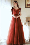A-Line Tulle Long Prom Dress, V-Neck Evening Party Dress HZ0429
