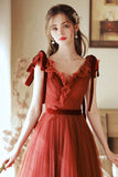 A-Line Tulle Long Prom Dress, V-Neck Evening Party Dress HZ0429