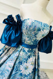 Blue Floral Long Senior Prom Dress, Blue A-Line Evening Dress HZ0429