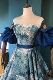 Blue Floral Long Senior Prom Dress, Blue A-Line Evening Dress HZ0429