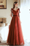 A-Line Tulle Long Prom Dress, V-Neck Evening Party Dress HZ0429