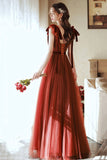 A-Line Tulle Long Prom Dress, V-Neck Evening Party Dress HZ0429