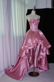 Luxury Strapless Pink Satin Ball Gown, Crystal Beaded Bodice, Princess Prom Evening Gown HZ0429