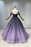 Purple Ombre Ball Gown Off Shoulder Lace Up Back Prom Dress with Glitter Tulle HZ0429