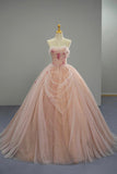 Pink Tulle Long Prom Dress, Elegant A-Line Strapless Evening Formal Dress HZ0429