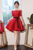 Red Satin Lace Short Prom Dresses, A-Line Evening Party Dresses HZ0429