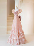 Pink Sequins Long Prom Dress, Lovely A-Line Short Sleeve Evening Party Dress HZ0429