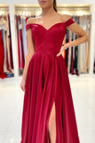 Burgundy Satin Long Prom Dresses, A-Line Off the Shoulder Evening Dresses HZ0429
