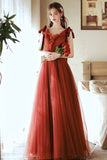 A-Line Tulle Long Prom Dress, V-Neck Evening Party Dress HZ0429
