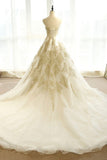 Long Champagne Strapless Tulle Lace Prom Dress, A-Line Evening Dress with Train HZ0429