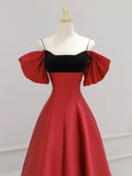 Burgundy Satin and Black Velvet Long Prom Dress, A-Line Spaghetti Strap Evening Party Dress HZ0429