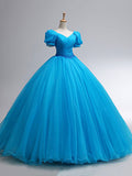 Beautiful Blue Rhinestone Floor Length Prom Dress, A-Line Short Sleeve Evening Dress HZ0429