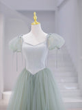 Green Tulle Floor Length Prom Dress, Green Short Sleeve Evening Party Dress HZ0429