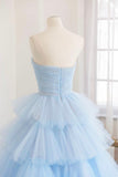 Blue Layers Tulle Long Prom Dresses, A-Line Strapless Evening Dresses HZ0429