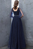 Blue V-Neck Tulle Long Prom Dresses, A-Line Evening Dresses HZ0429