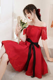 Red Satin Lace Short Prom Dresses, A-Line Evening Party Dresses HZ0429